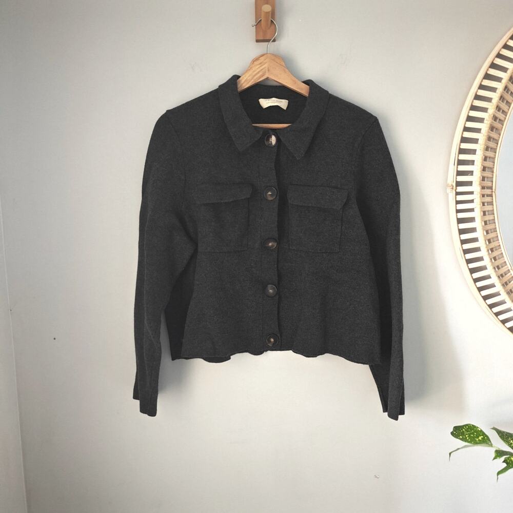 SEZANE Betty Cardigan Charcoal Grey Merino Wool Collared Approx XL